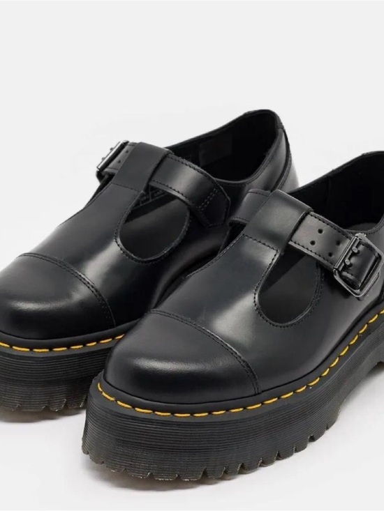 Dr. Martens Shoes - Dr. Martens Black Leather Platform T-Bar Mary Janes with Yellow Stitching